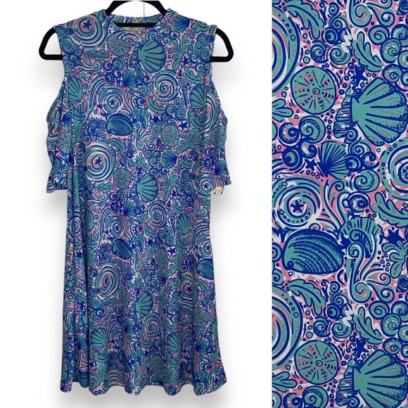 Simply Southern Dresses & Skirts - Simply Southern Seashell Print Cold Shoulder Dress Size Medium Blue Pink Stretch